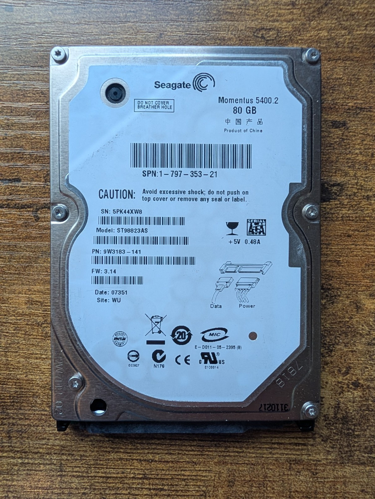 Seagate ST98823AS 80GB 2.5" 1.5Gb/s 8MB 5.4K RPM SATA HDD P/N: 9W3183-141 Tested