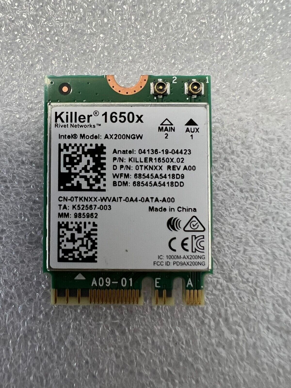 INTEL AX200NGW WI-FI 6 AX200 Killer 1650x PCI-E M.2 2230 WLAN BT 5.2 WIFI TKNXX