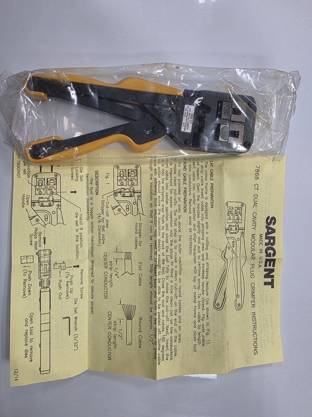Sargent 7868 CT Dual Cavity Modular Plug Crimper. RJ11, RJ45