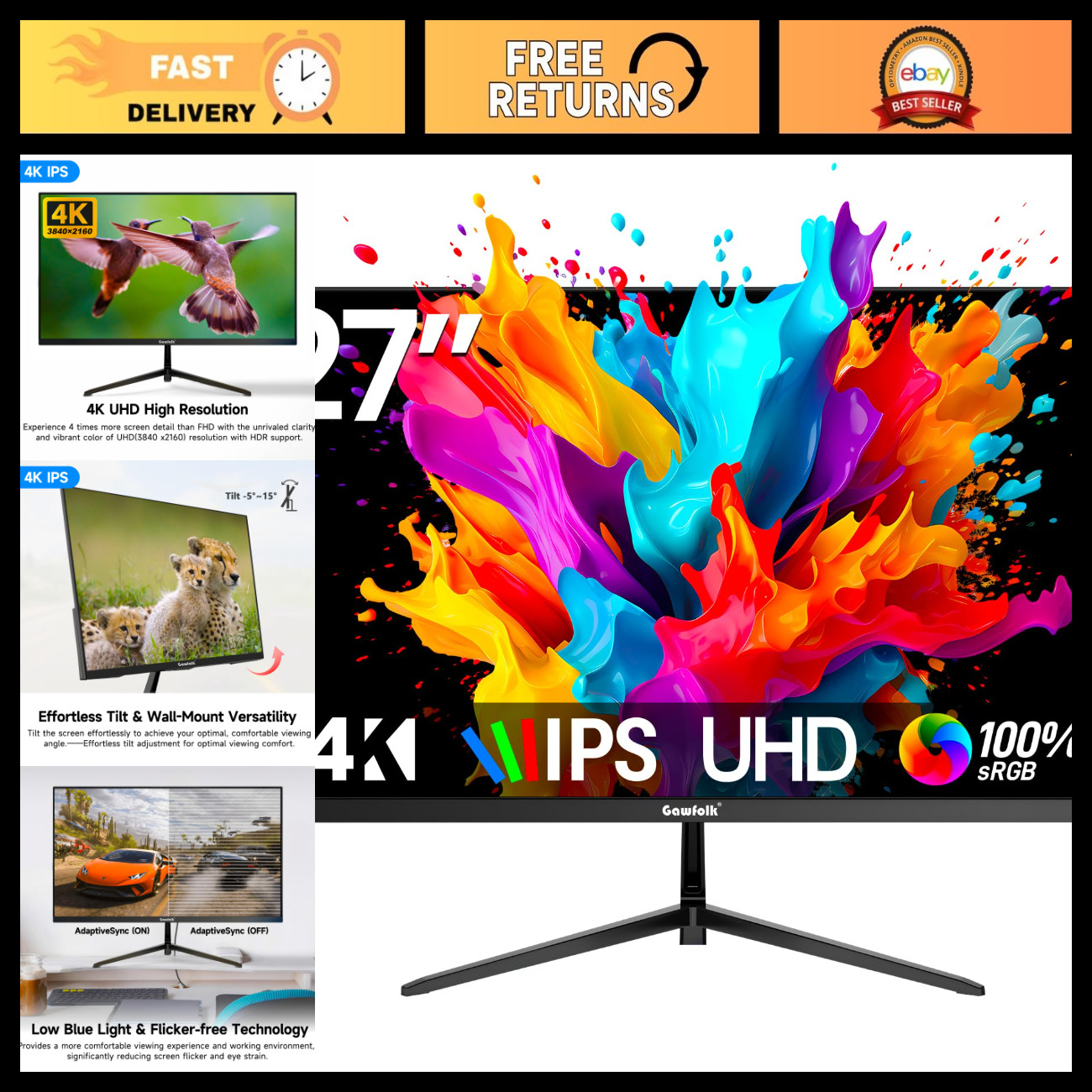 27" 4K UHD IPS Monitor, 60Hz, 3840x2160p, PC Display for Gaming & Work