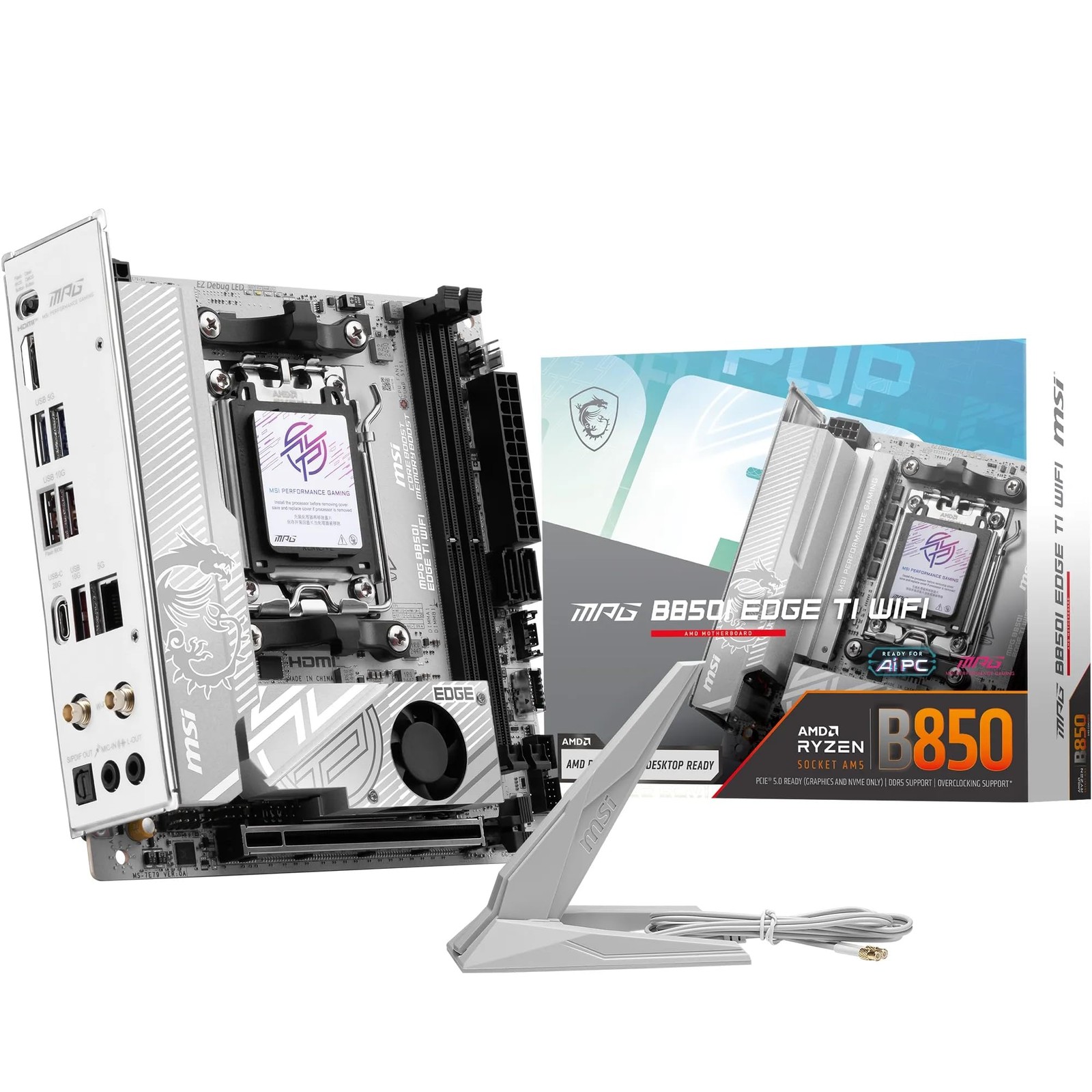 MSI MPG B850I Edge TI WiFi Motherboard, Mini-ITX, ATX - Supports Silver White