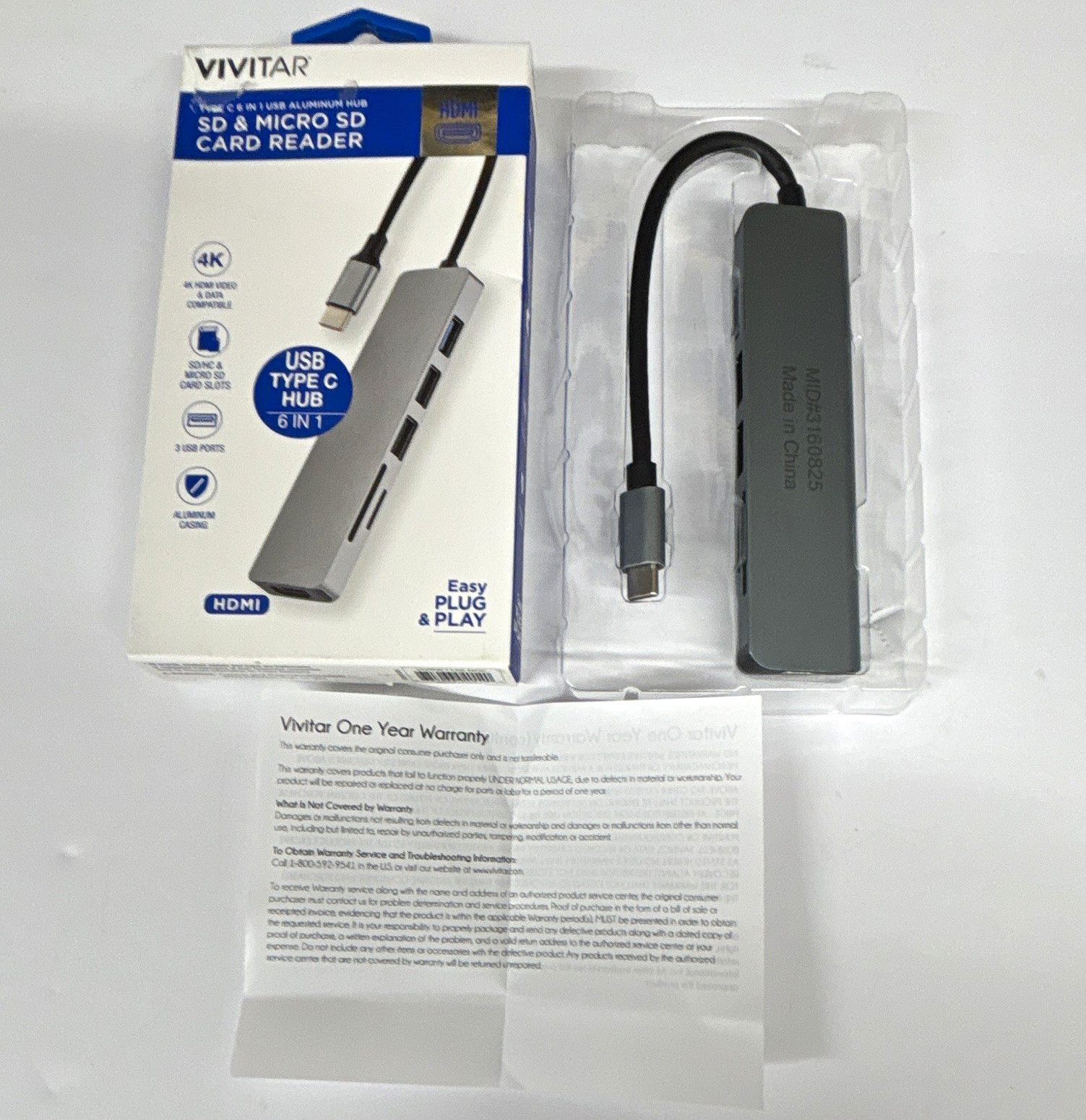Vivitar USB-C 6-in-1 Aluminum Hub HDMI USB SD/SDHC & MicroSD Card Reader