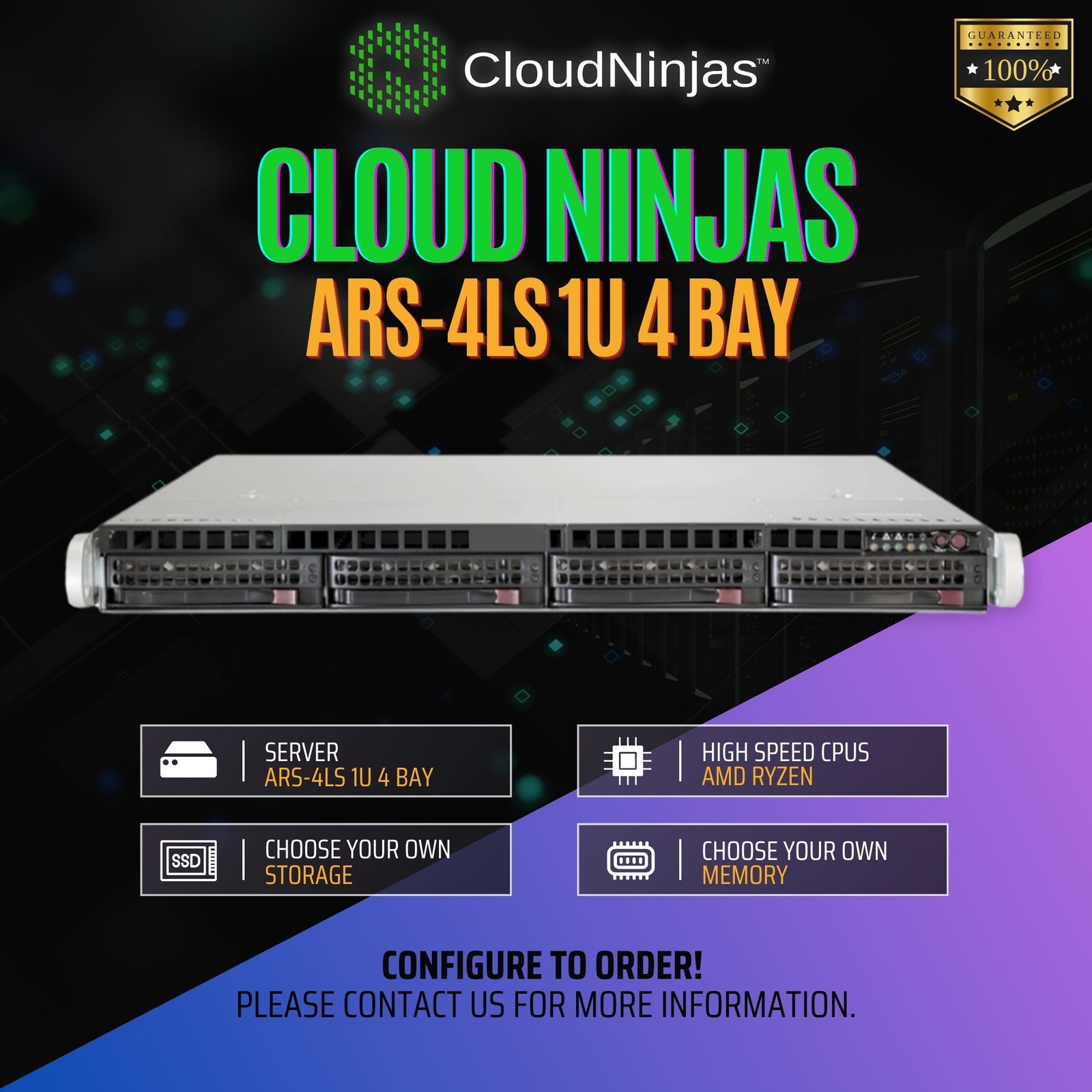 Cloud Ninjas ARS-4LS 1U 4 Bay Server AMD Ryzen 5 7600X 6 Core DDR5 ECC NVMe M.2