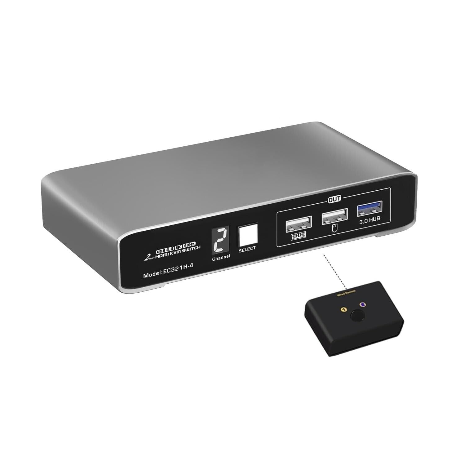 2 Port KVM Switch HDMI 8K@60Hz 4K@144Hz with Wired Remote Switching, USB3.0 HDMI