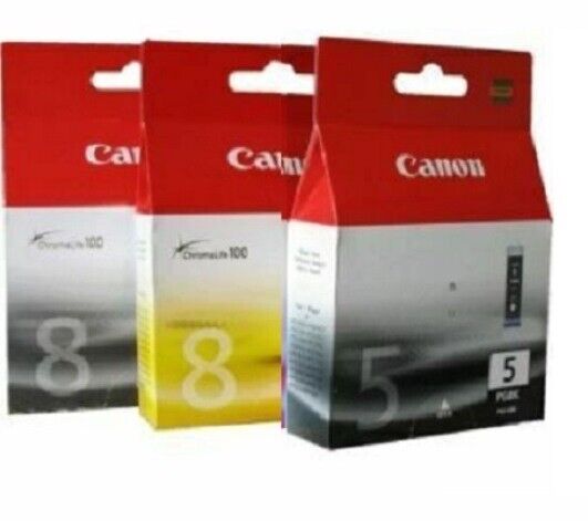 Set of 3 New Genuine Factory Sealed Canon 5 Blk & 8 Blk Yel Inkjet Cartridges