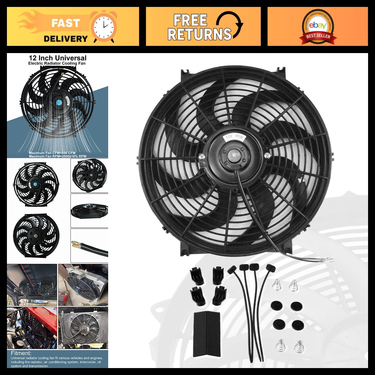 12" Slim Electric Radiator Cooling Fan Kit - 12V Universal Mount, Black