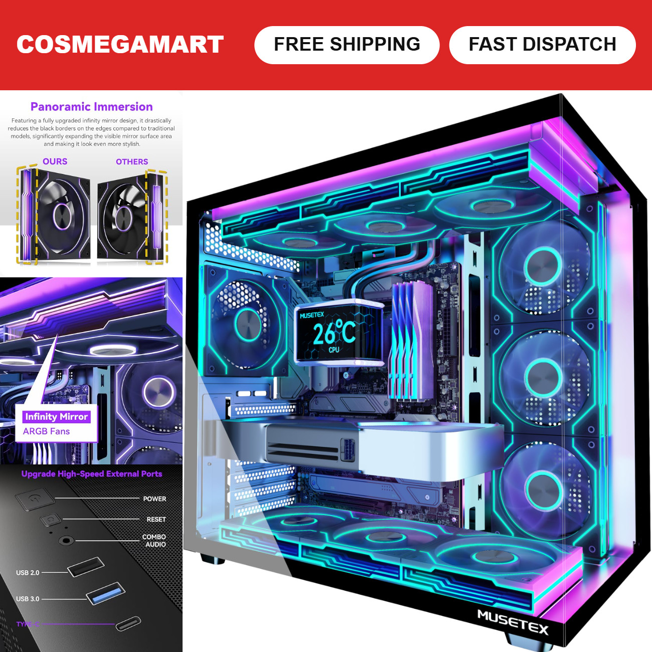 ATX Mid Tower Gaming PC Case with 7 ARGB Fans, Type-C, Tempered Glass, Black