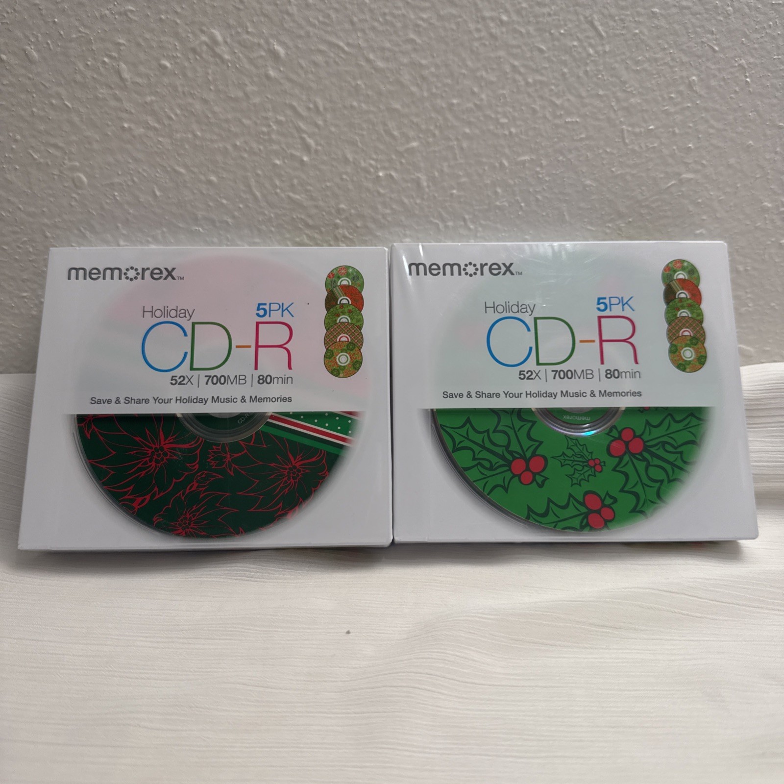 2x Memorex CD-R 5 Packs 52x 700MB 80 Minute Holiday Christmas Pattern NEW Sealed