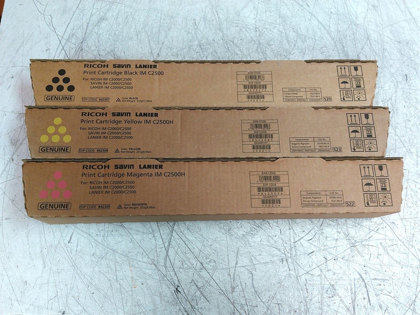 New Lot of 3 Ricoh Print Cartridges Yellow Cyan Black 842307 842308 842309 