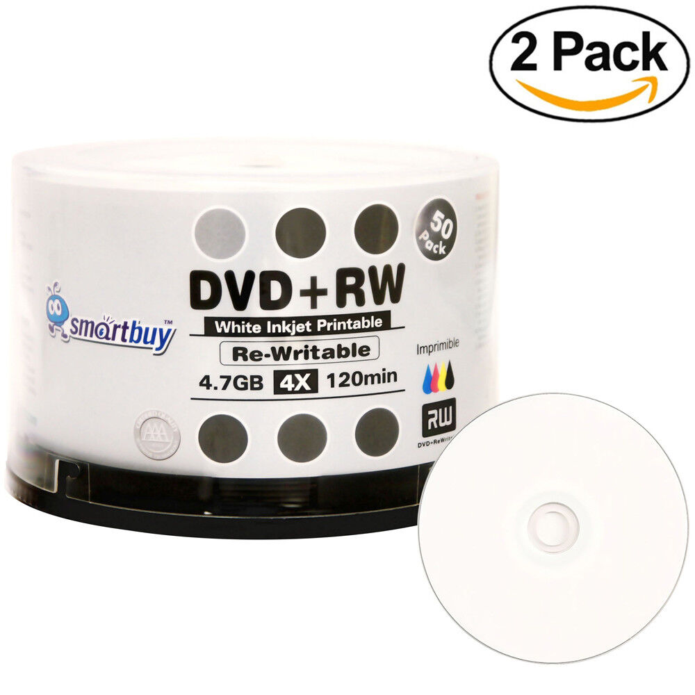 100 Smartbuy DVD+RW 4x 4.7GB White Inkjet Hub Printable Rewritable DVD Disc