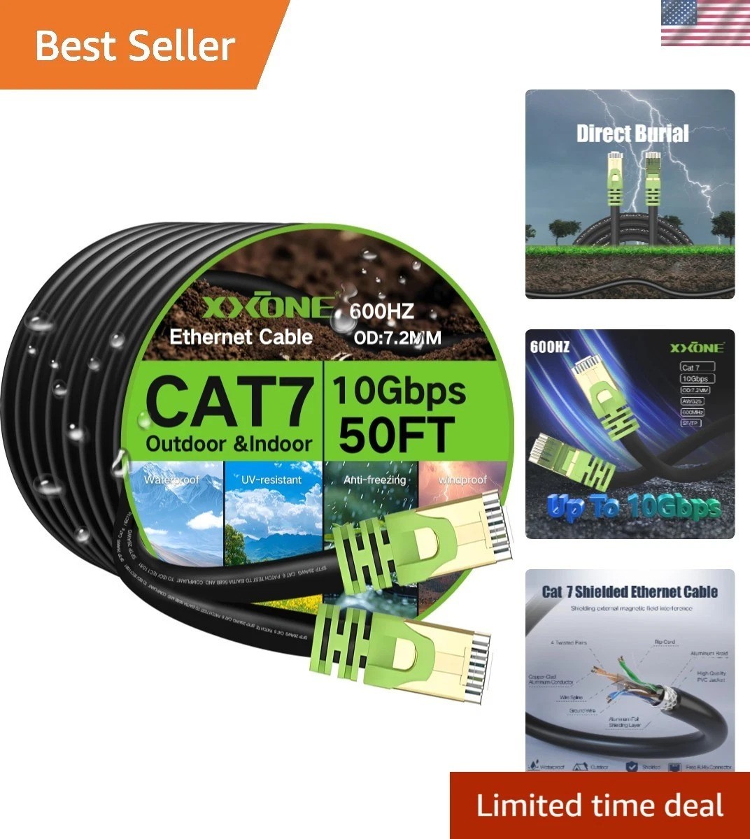 Heavy-Duty 100ft Cat 7 Ethernet Cable - 10Gbps Speed, Direct Burial & Waterproof
