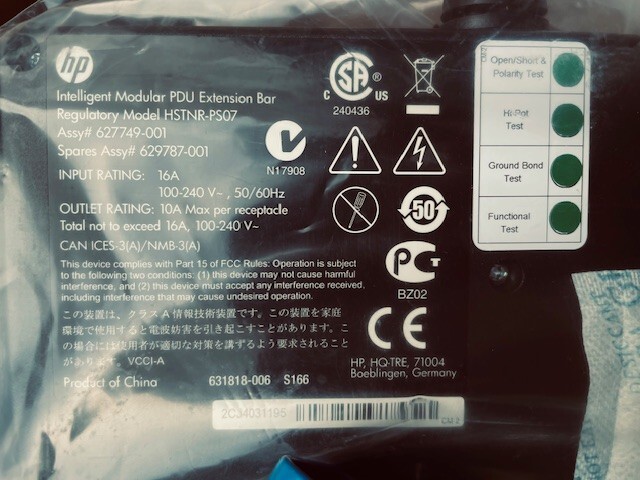 HP Intelligent PDU Extension Bar HSTNR-PS07 627749-001 629787-001 (2PACK) NEW