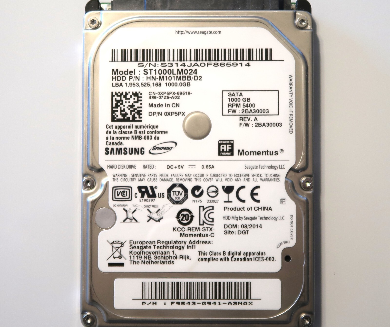 Samsung ST1000LM024 HN-M101MBB/D2 2BA30003 (S314) F9543-G941 2.5" 1TB 2014