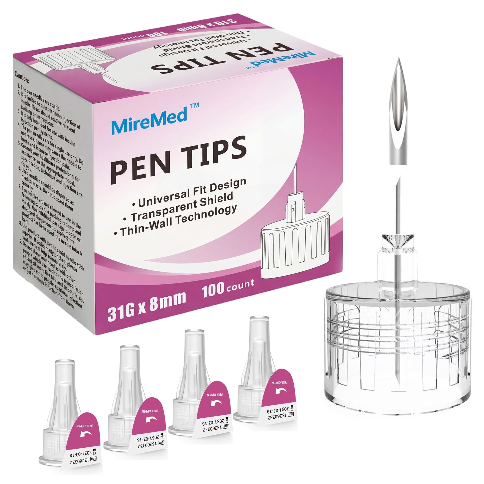 Pen Tips 31G x 8mm (5/16"), 100 Count, Universal Fit