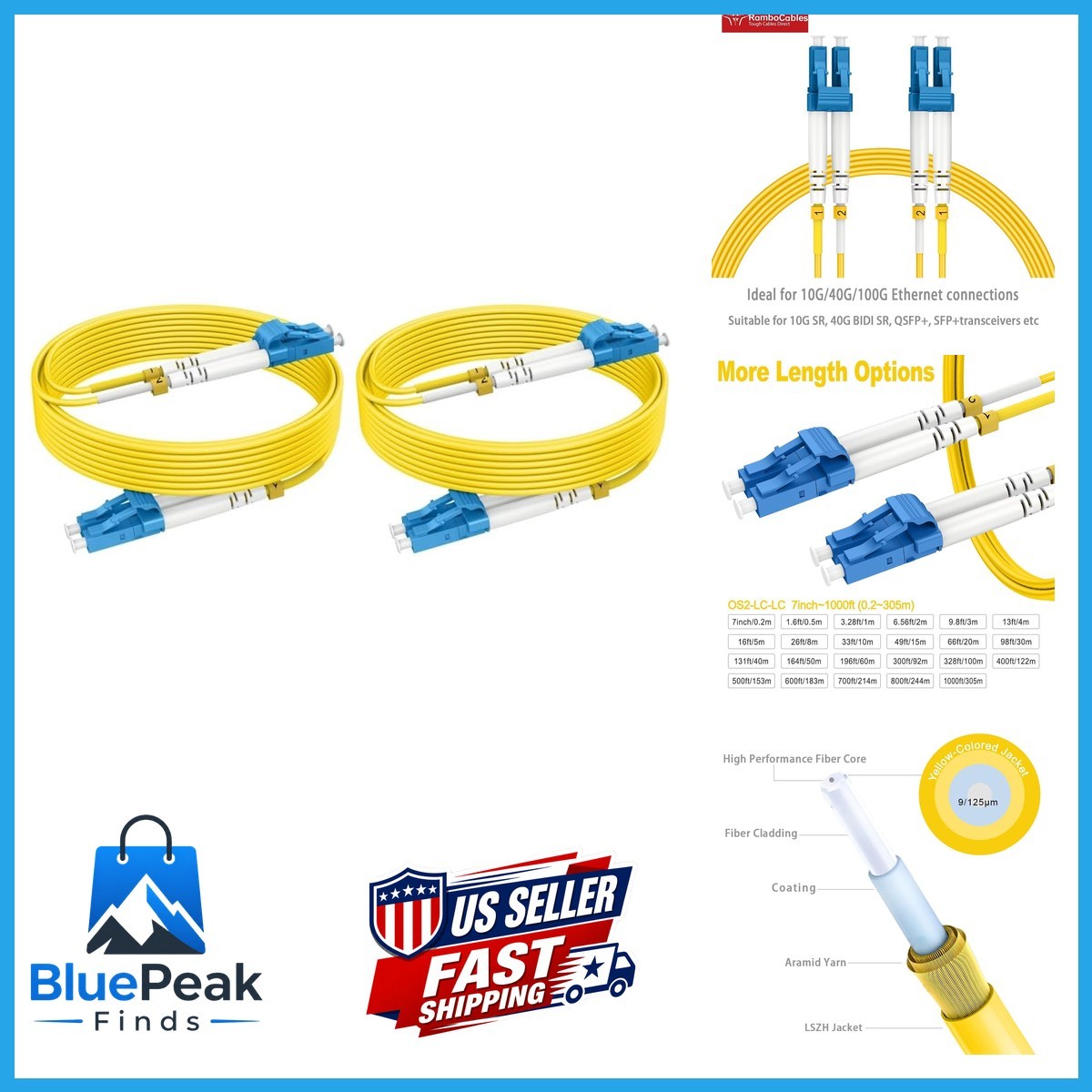 RamboCables-OS2 Single Mode Fiber LC To LC Patch Cables 200ft/61m, 2Pack