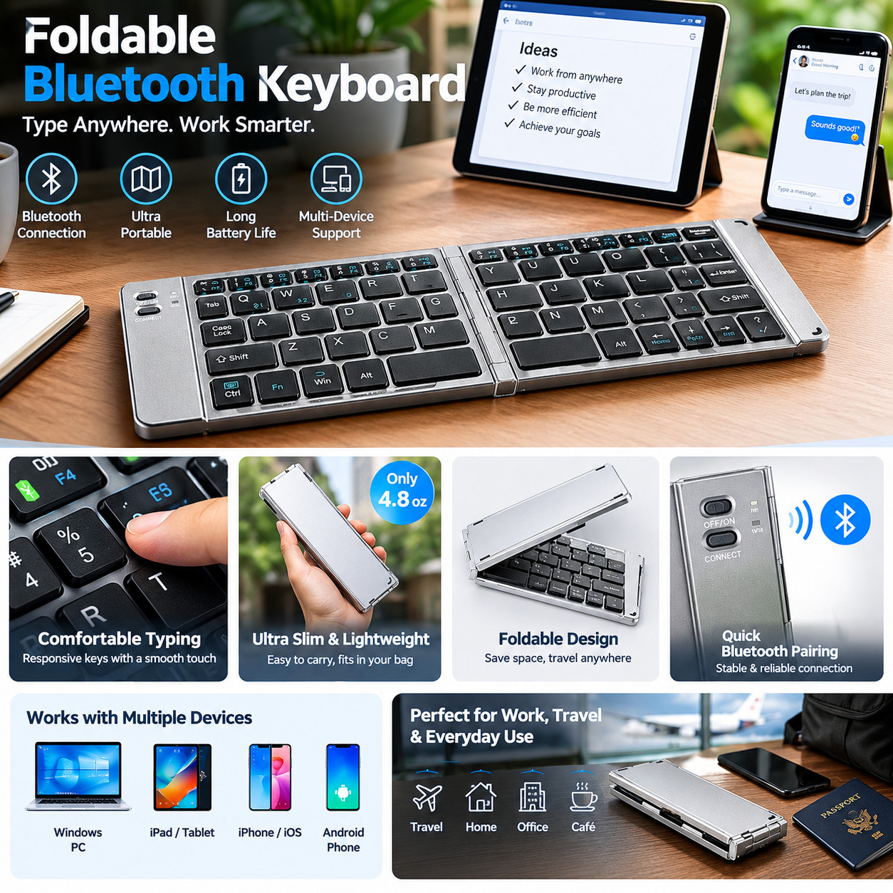 Foldable & Portable Keyboard Rechargeable Ultra Slim Keyboard 