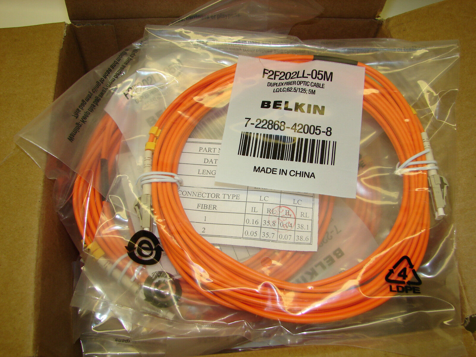 *NEW* Belkin Duplex Fiber Optic Patch Cable F2F202LL-05M (Qty - Box of 10)