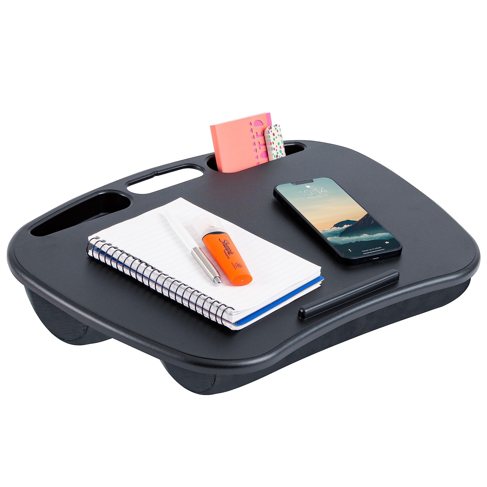 Portable Black Lap Desk For Laptops With Cushioned Support And Storage Wells