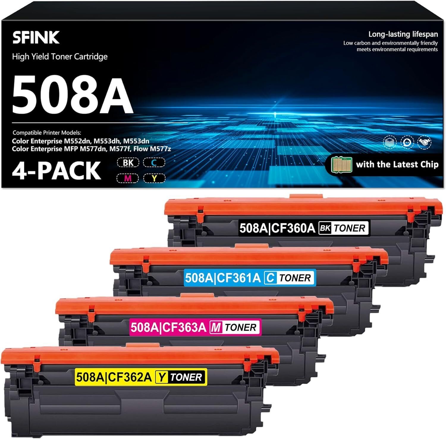 508A|CF360A Toner Cartridge 4 PK with Chip Replacement for HP M552dn M553dh