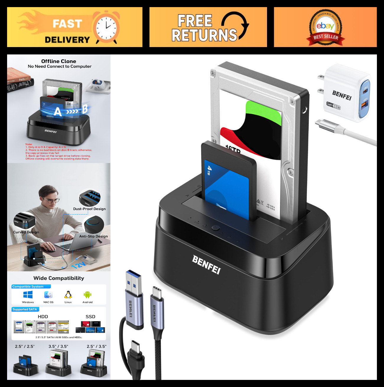 Dual Bay Hard Drive Docking Station, USB C, UASP Offline Clone, Tool-Free, 5Gbps
