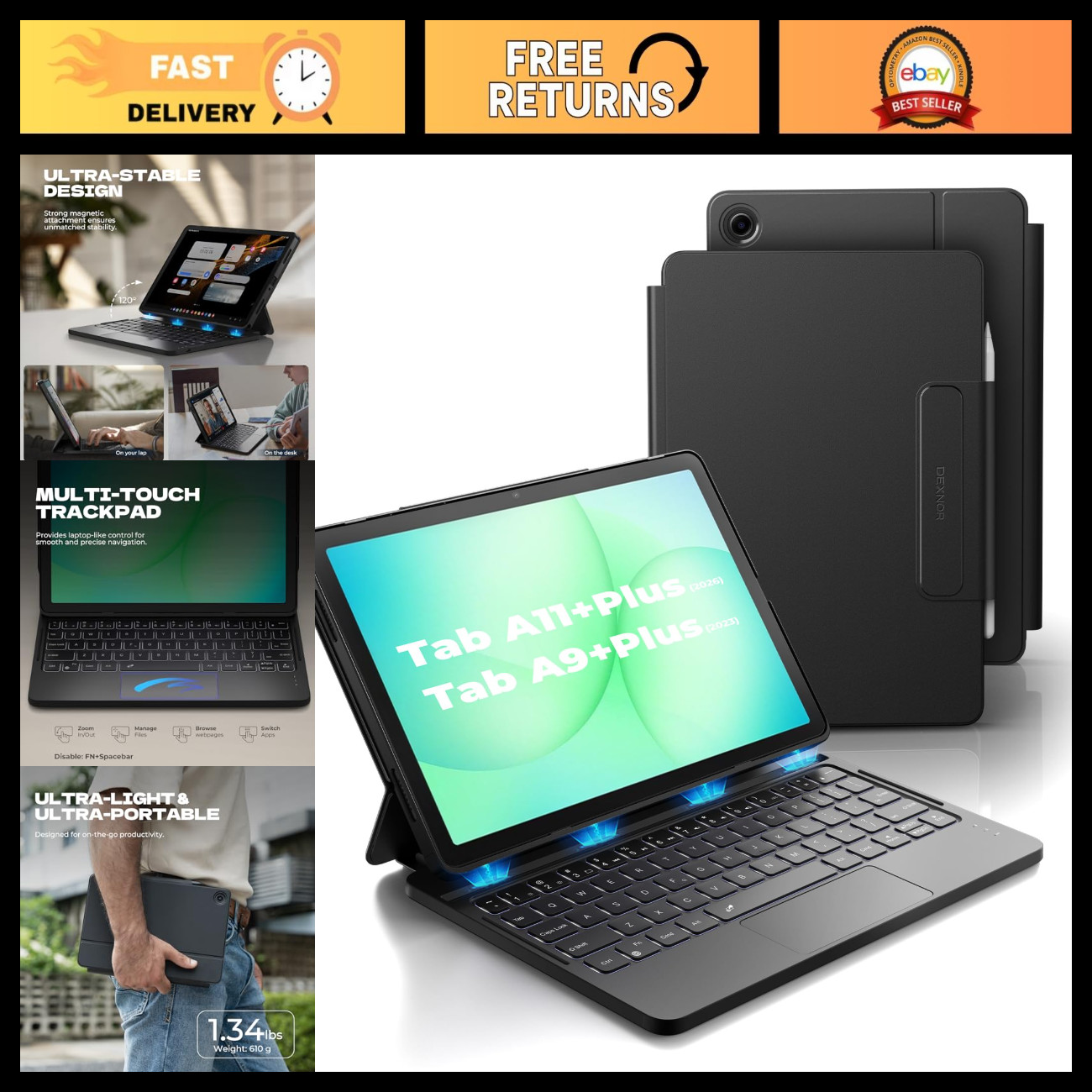 Ultra-Light Keyboard Case for Samsung Galaxy Tab A11+/A9+ Plus - Slim & Durable