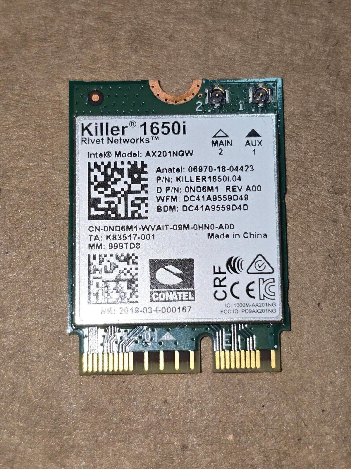 Genuine Intel Killer 1650i Wireless Wi-Fi 6 Bluetooth 5 AX201NGW ND6M1 0ND6M1