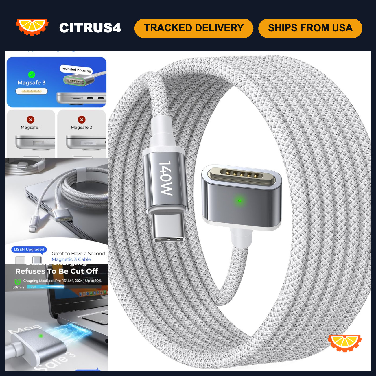 USB-C Magnetic Charger Cable 6.6FT for MacBook Pro/Air 140W Safe Charge Cord