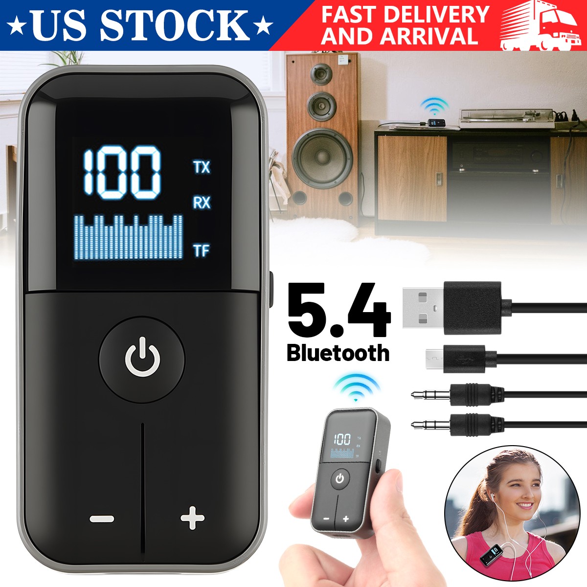 Bluetooth 5.4 Transmitter Receiver 3 in 1 20H Playtime Digital Display AUX 3.5mm
