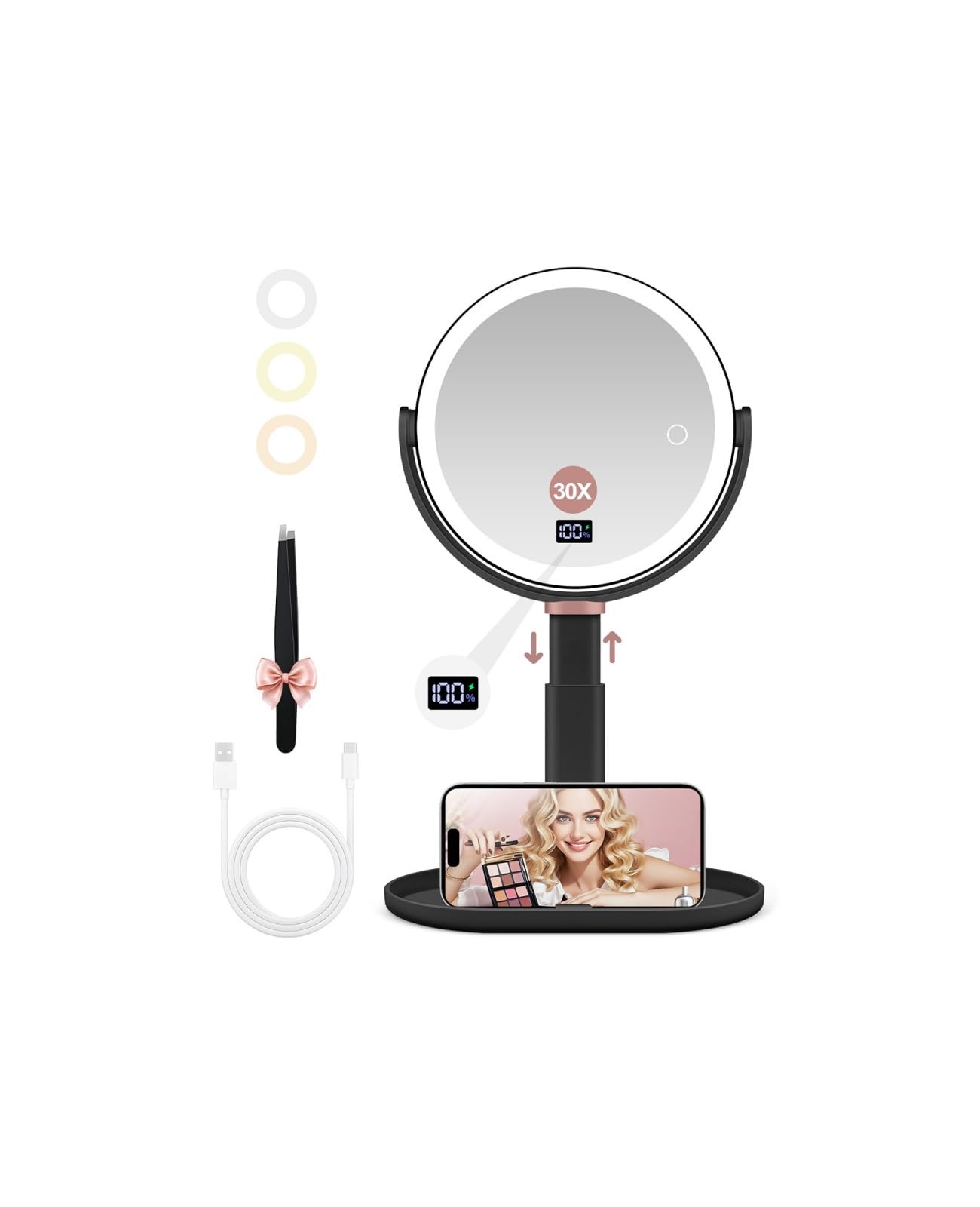 GOMIPURU Makeup Magnifying Mirror with Light 30X/1X, Digital Display, 2-Sided To