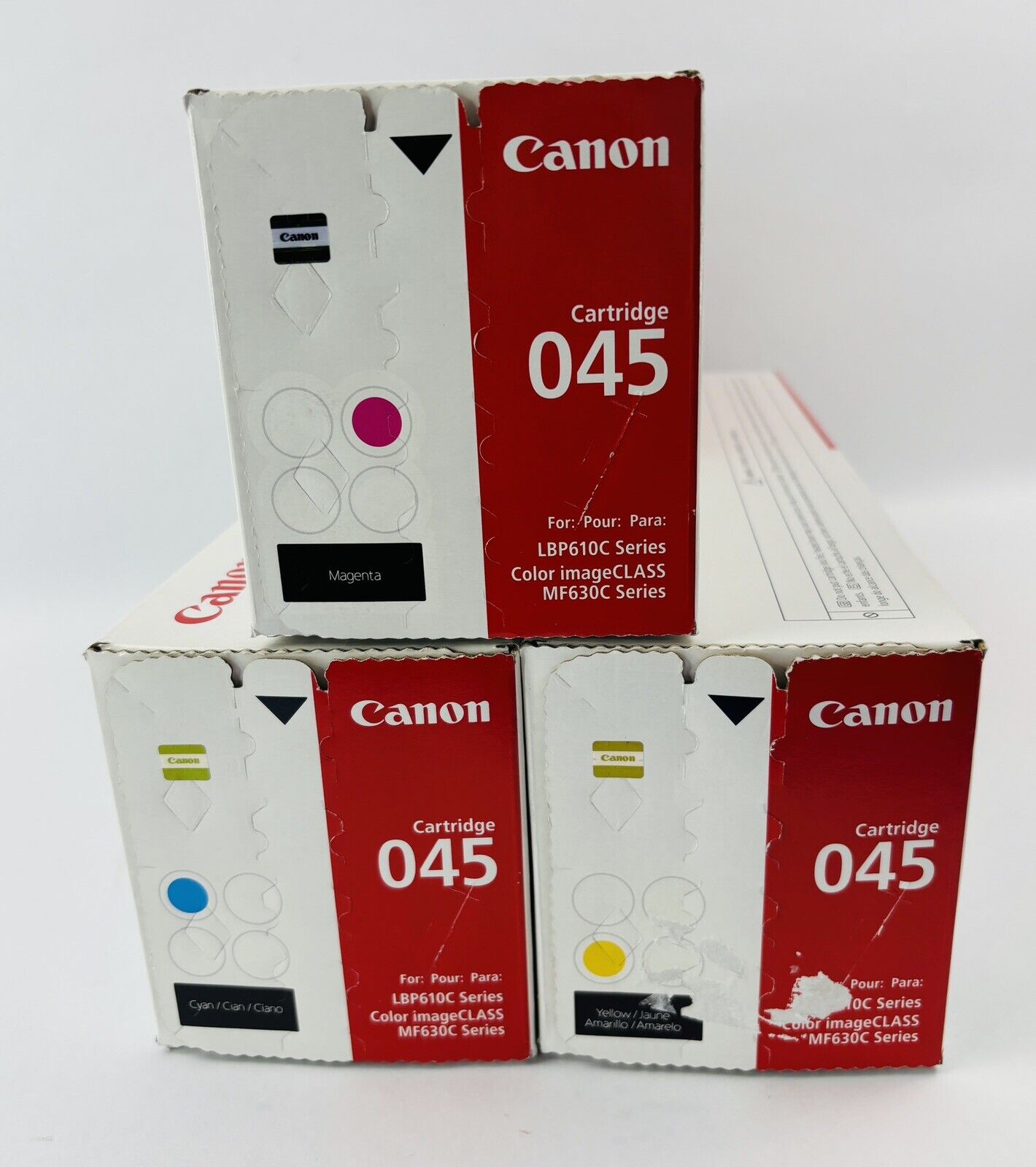 Genuine Canon 045 Toner Cartridges - Cyan, Magenta and Yellow