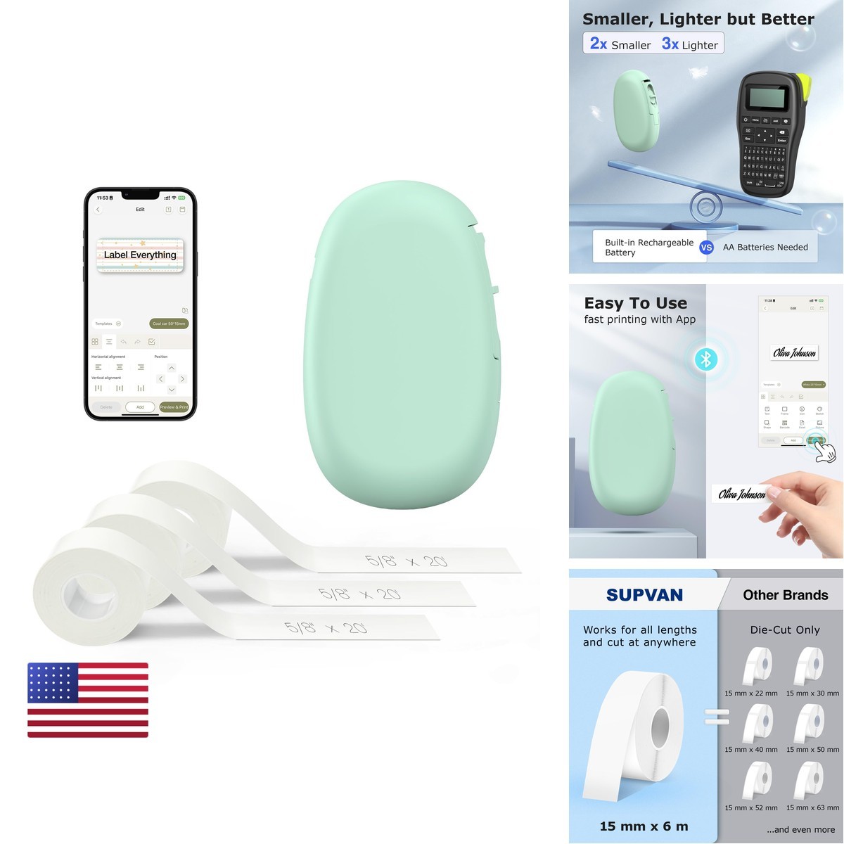 SUPVAN E10 Bluetooth Label Maker Machine 3 Tapes Green Bundle