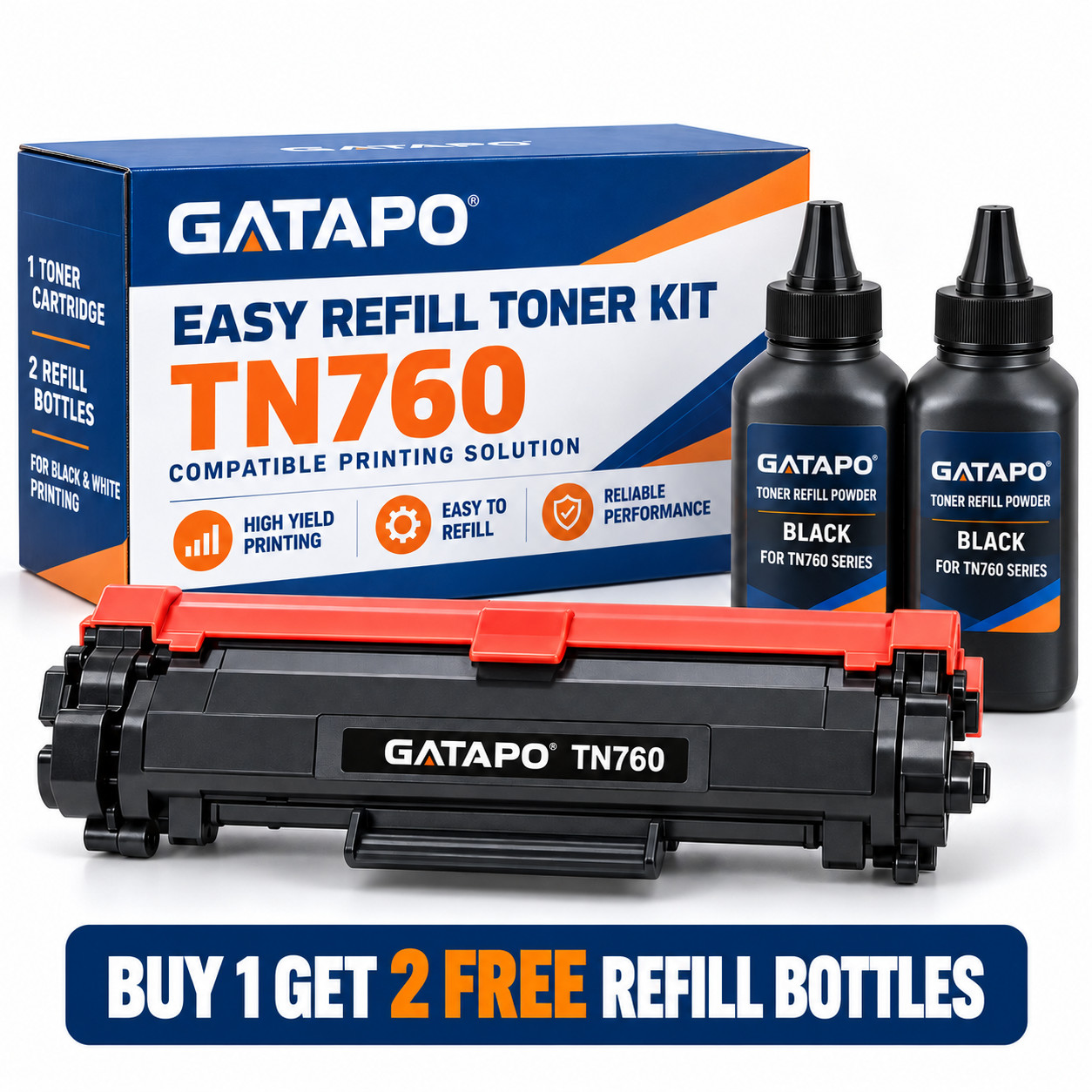 TN760 Refillable Toner Cartridge 1PK +2 Refill Bottles for Brother HL‑L2350DW 
