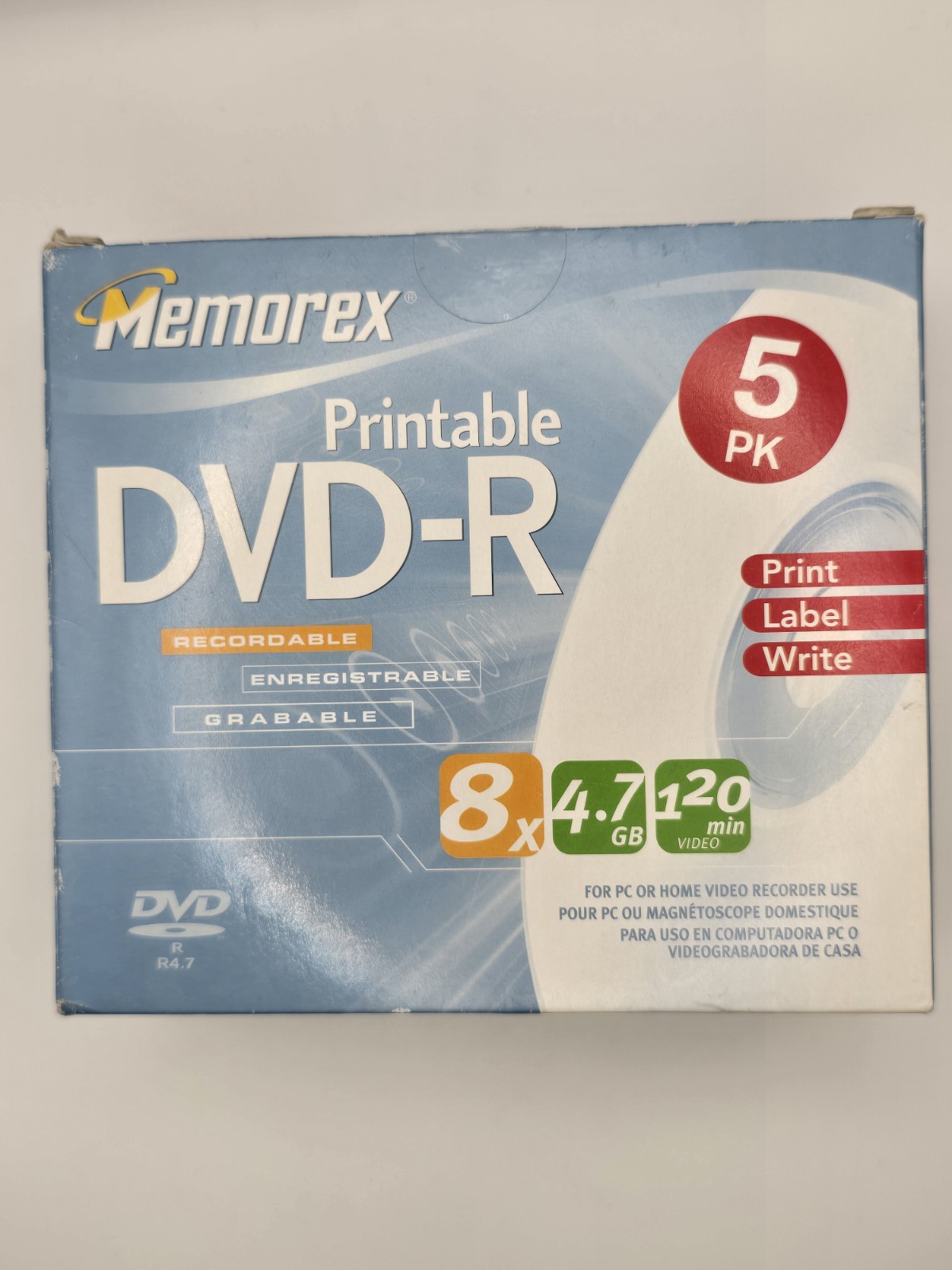 5 x MEMOREX Printable DVD-R 8 X 4.7 GB 120Min with Case Brand New.