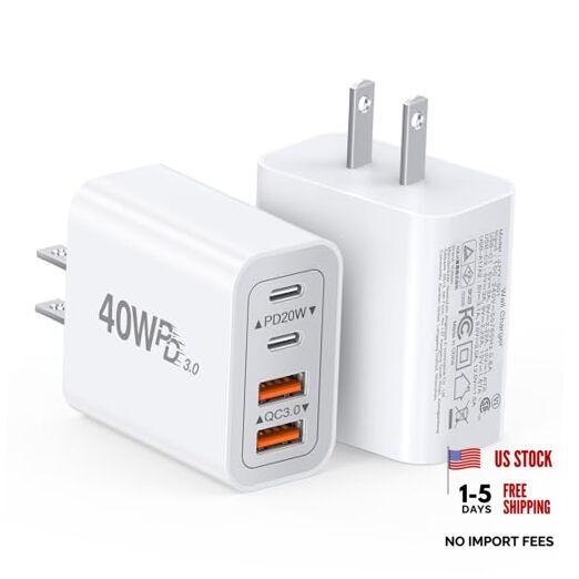 [2-Pack] 40W USB C Charger Block, 4-Port Type C Fast Charging Brick Dual White