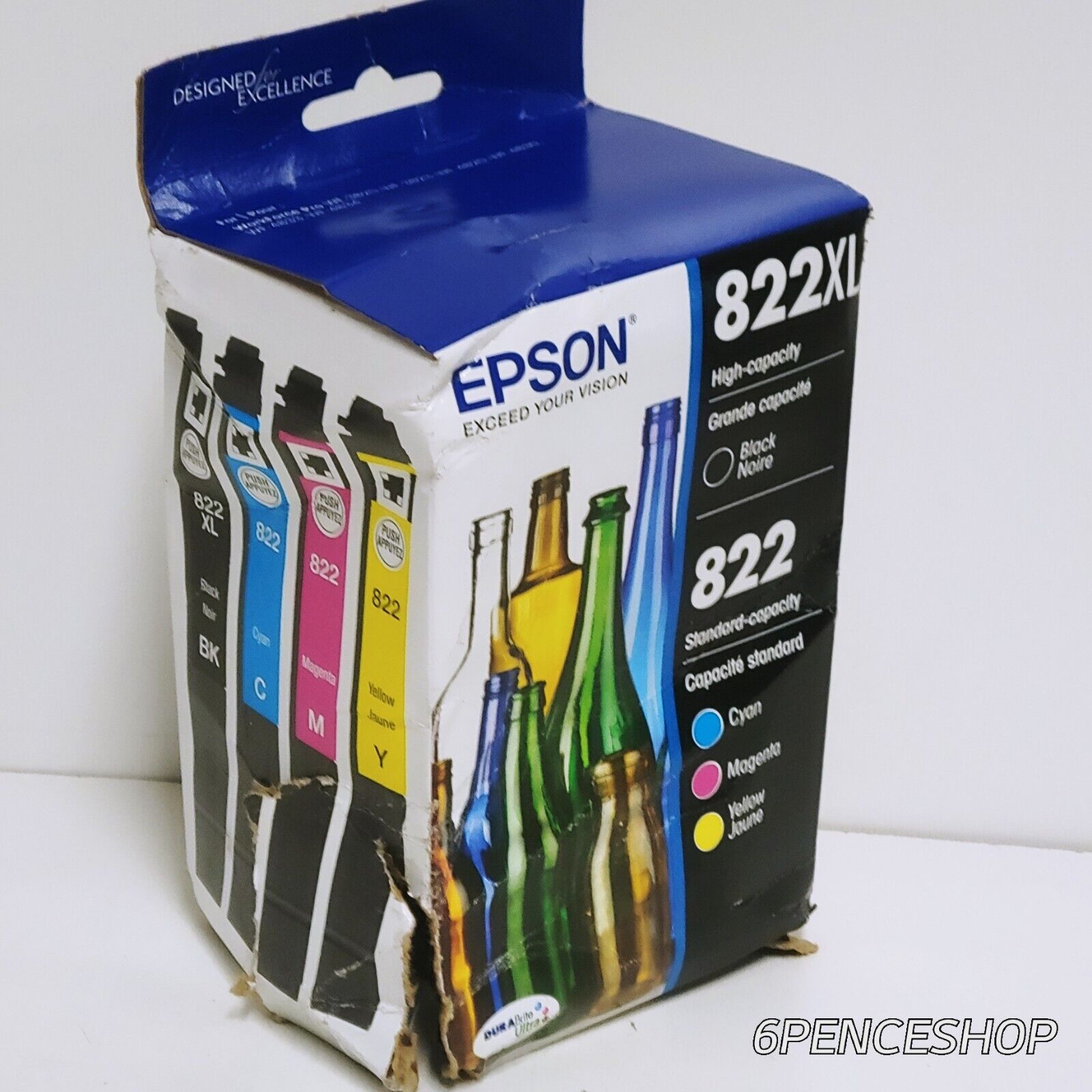 IMPERFECT BOX NEW 4-PACK EPSON GENUINE 822XL BLACK & 822 COLOR INK WF-4834