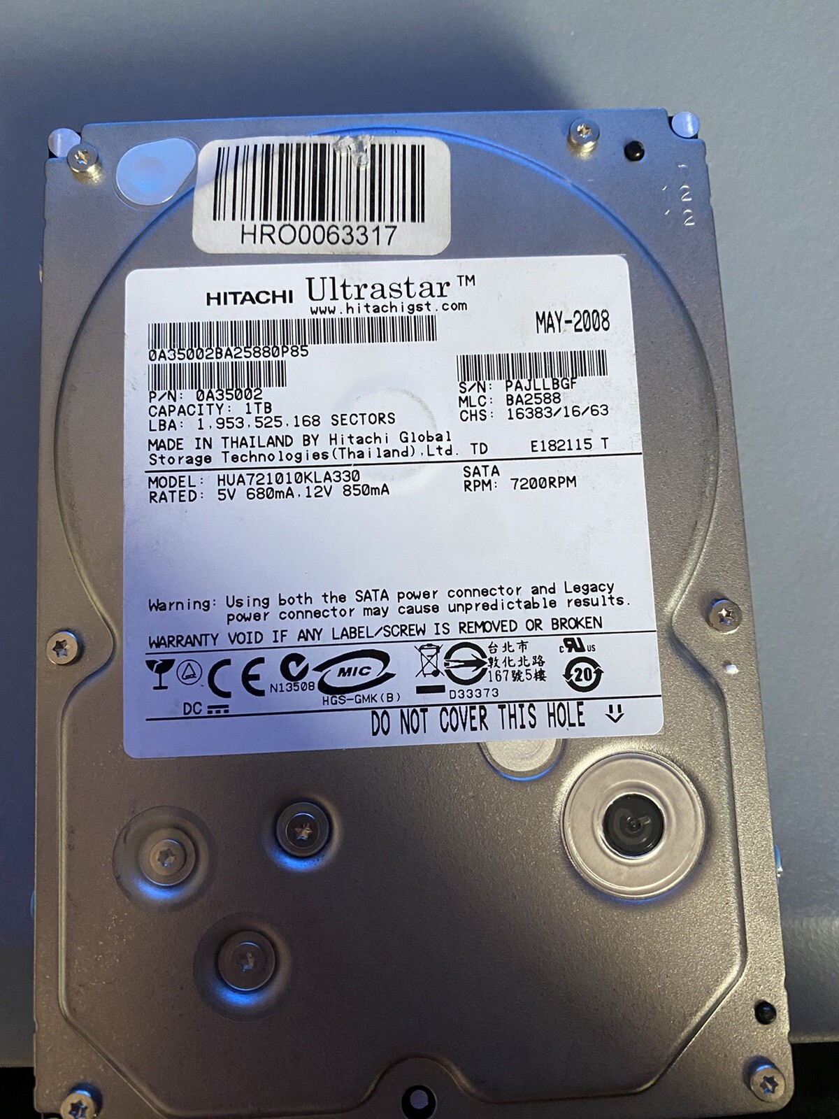 Hitachi 1 Tb 7200 RPM Hard Disk Drive. Tested And Working