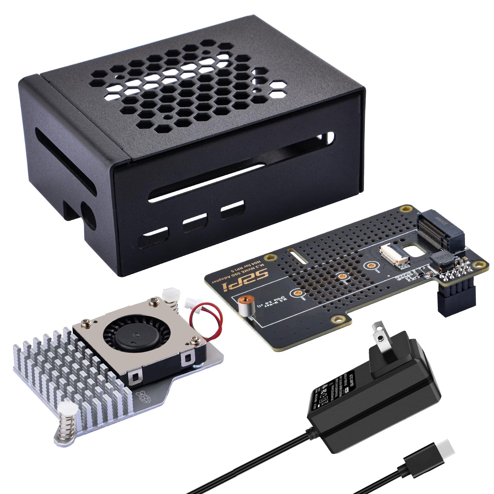 Metal Case for Raspberry Pi 5, Active Cooler, M.2 NVMe SSD Board & 27W USB C Pow