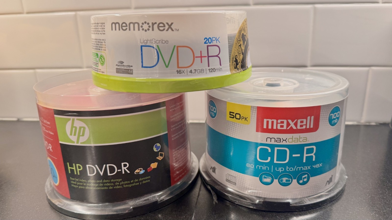 HP DVD-R 50 PK/Memorex DVD+R 20PK /Maxell CD-R 50 PK - Brand-New Sealed