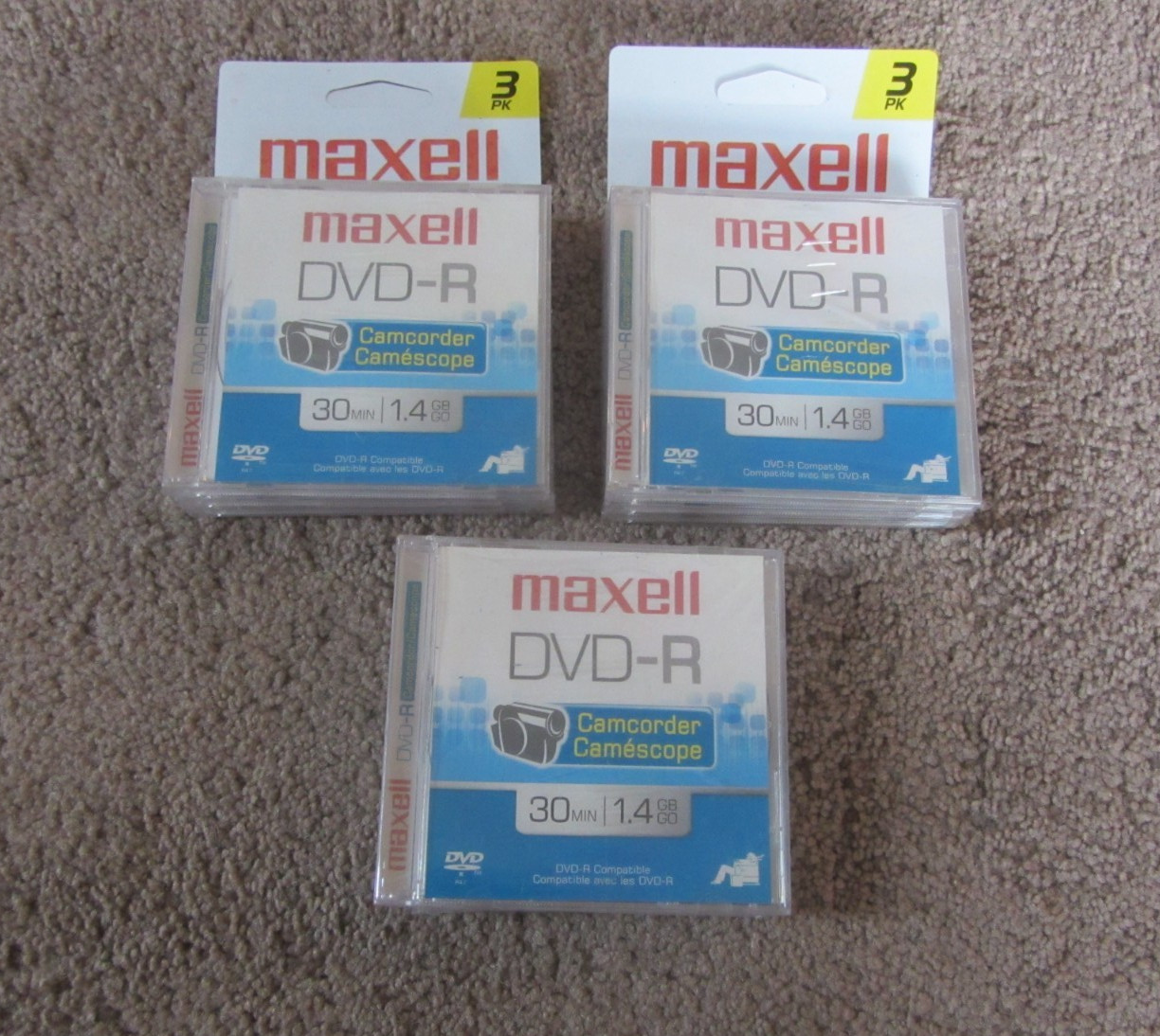 New Maxell Camcorder DVD-R  3- 3 pack(9 total) 30 min 1.4 GB DVDs NOS