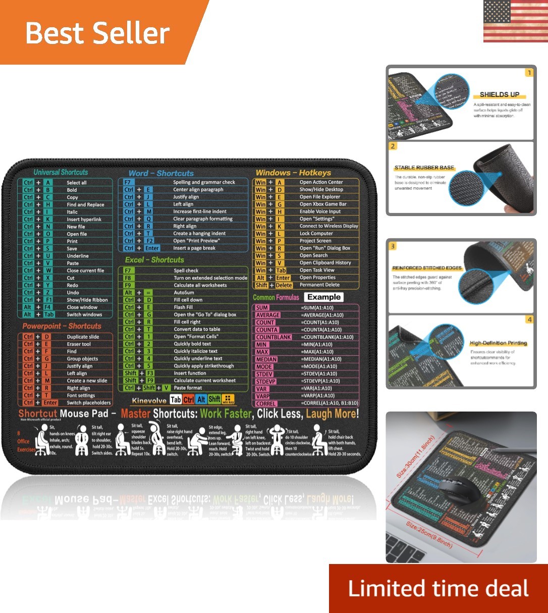 Compact 11.8"x9.8" Mouse Pad with Multi-Software Shortcuts for Office & Gaming
