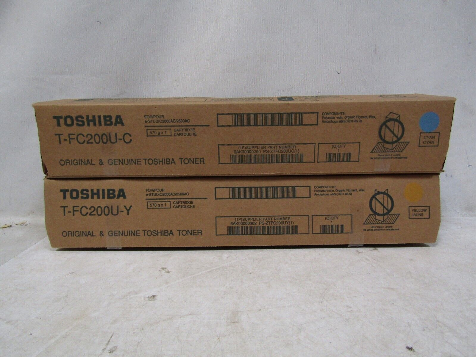 Set Of 2 Genuine Toshiba T-FC200U-Y Yellow, T-FC200U-C Cyan Toner Cartridges