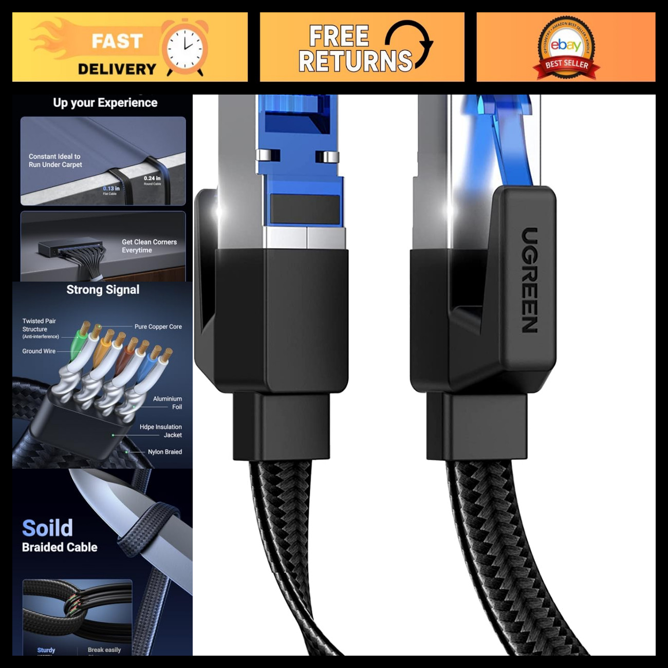 High-Speed Cat 8 Ethernet Cable 65FT, 40Gbps 2000MHz Flat LAN Network Cord for G