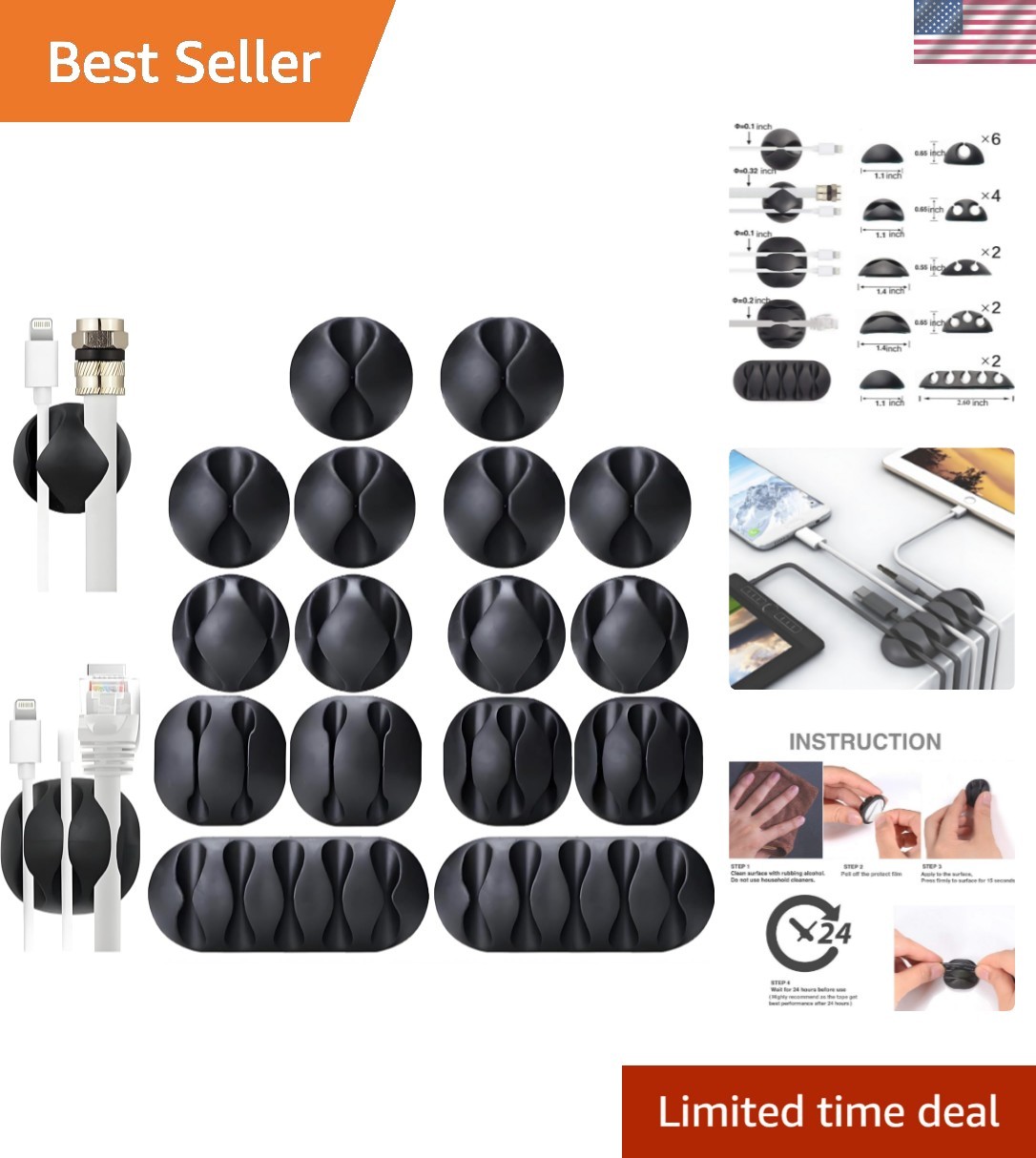 16PCS Cable Clips, Self Adhesive Cord Holder Organizer Wire Management