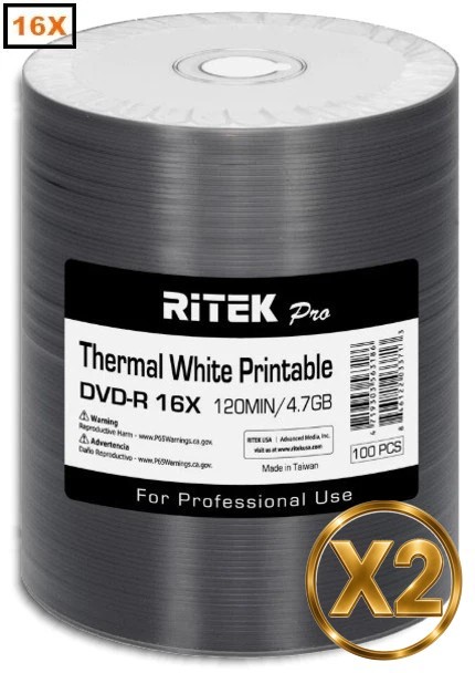 200-Pak Ritek Pro 16X 4.7GB White Thermal Hub Printable DVD-R's in Tapewrap