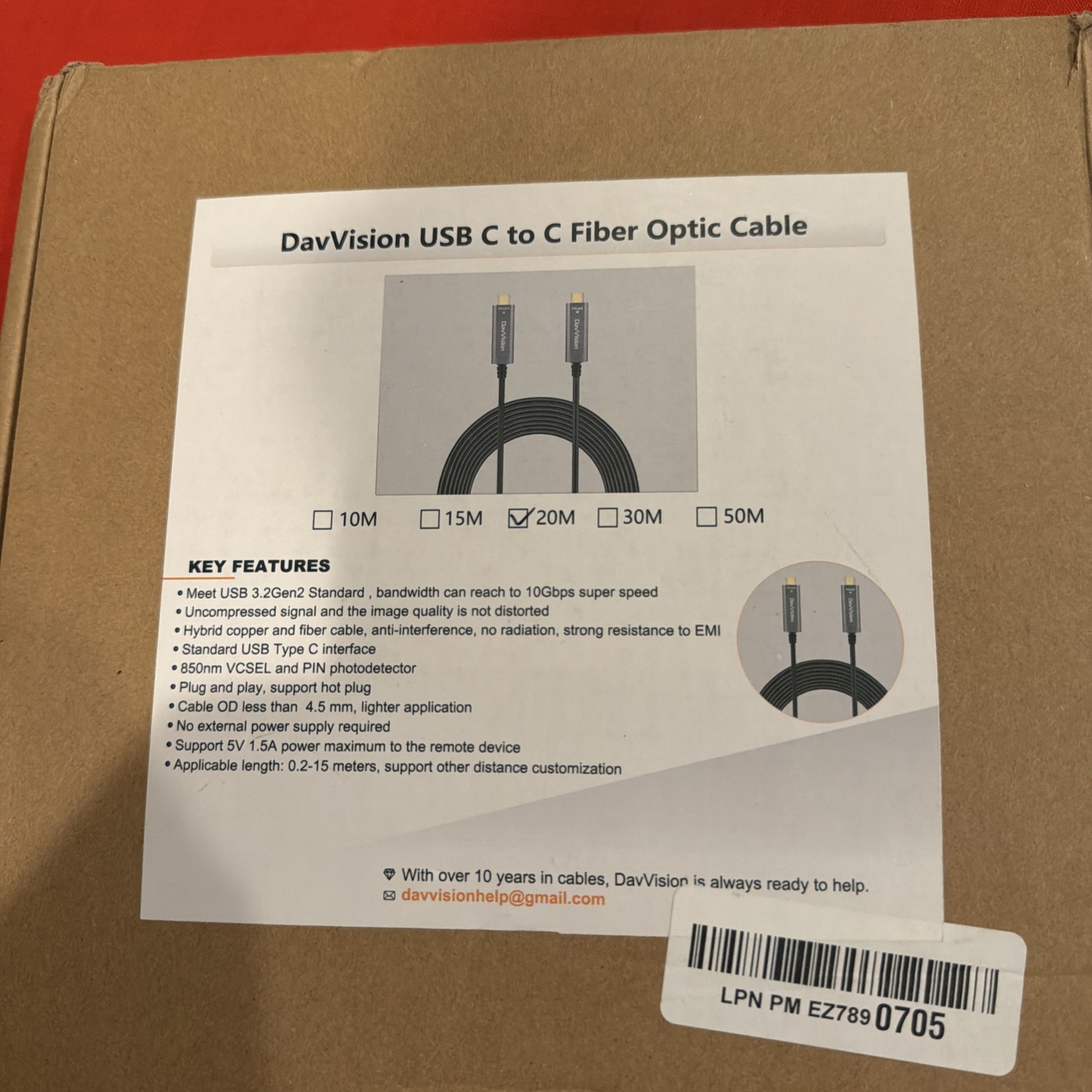 DavVision USB C To Fiber Optic Cable 60’ Long
