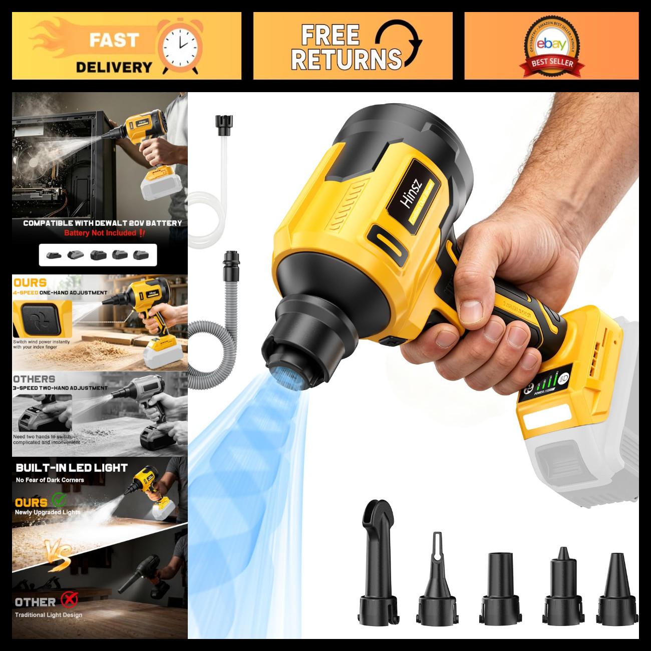 4-in-1 Cordless Air Duster Blower, 120,000 RPM Brushless Motor, 500 MPH, Tool On