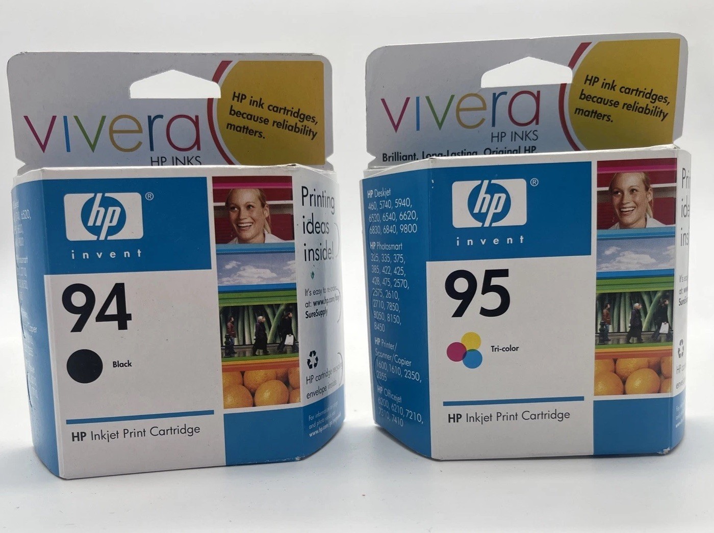 New Sealed Genuine HP Invent 95 Tri-Color & 94 Black Ink Vivera Print Cartridges