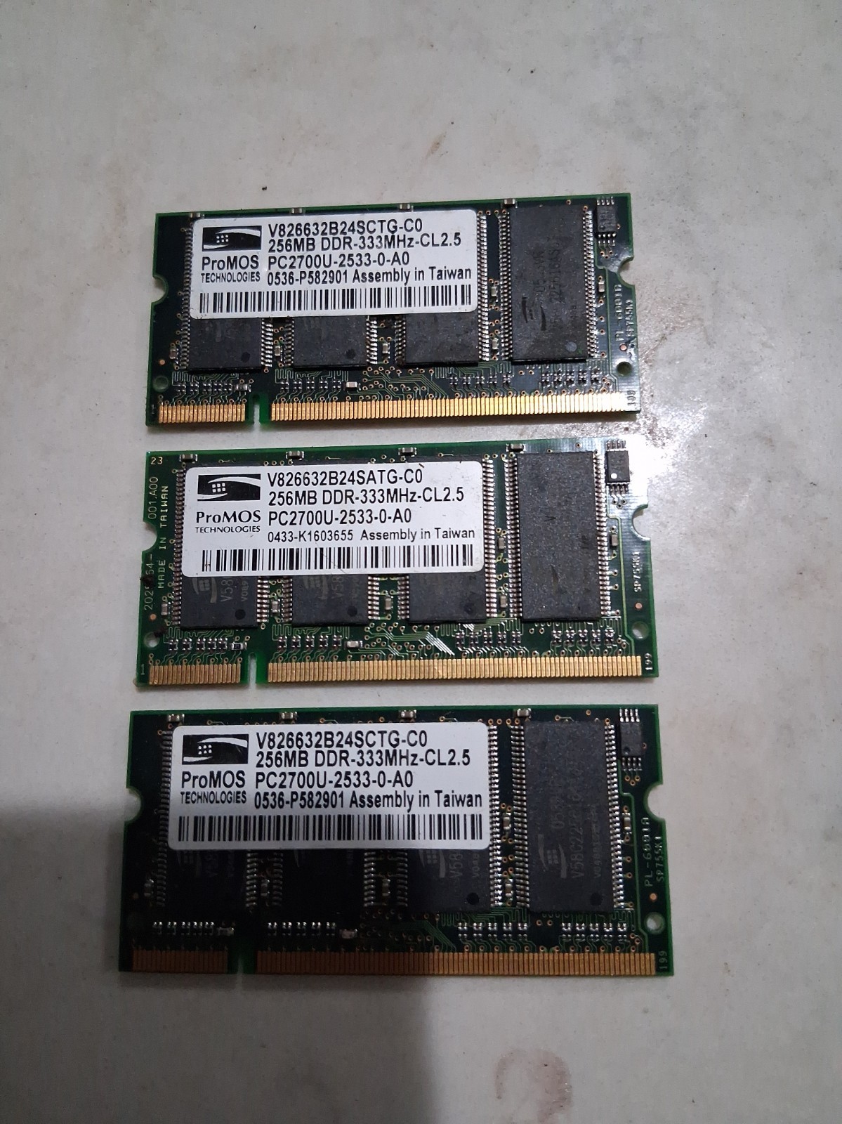 3 TestedProMOS 256MB DDR 333 MHz PC2700U SO DIMM Laptop Memory V826632B24SCTG-C0