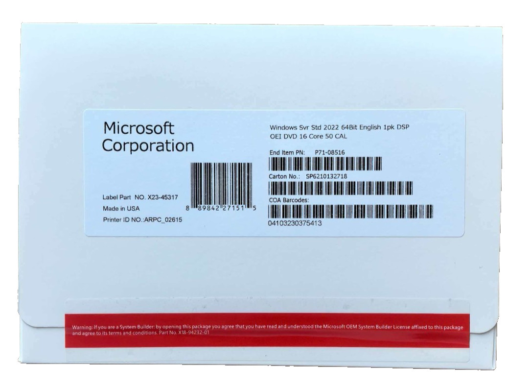 Win Server 2022 Standard 64-bit License & DVD 16 Core 50 CAL  NEW