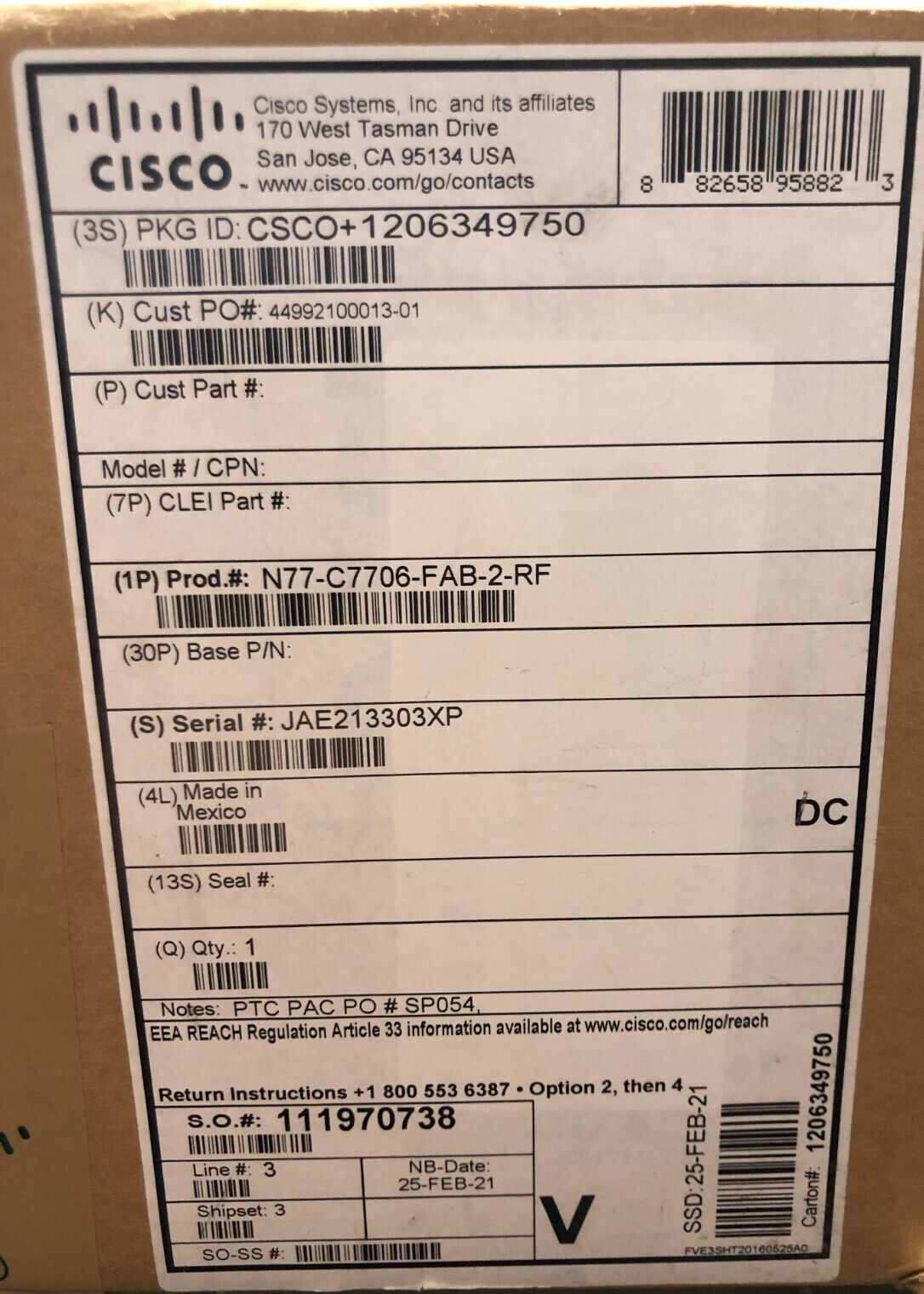 Cisco N77-C7706-FAB-2 Nexus 7700 6-Slot 220Gbps Fabric Module / CERTIFIED SEALED